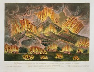 アイザックティッシング（c.1740-1812）による「日本の図解」（1822年発行）からのシナノ県の浅間山の地震と噴火 作： Joseph Constantine Stadler